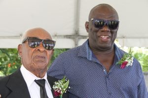 Two survivors of the M.V. Christena Disaster Franklyn Browne and Oswald “Ossie” Tyson at a memorial service hosted by the Nevis Island Administration on the grounds of the Alexander Hamilton Museum on August 01, 2017, to observe the 47th anniversary of the disaster  